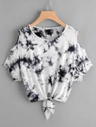 Shein Tie Dye Open Shoulder Knotted Hem Tee