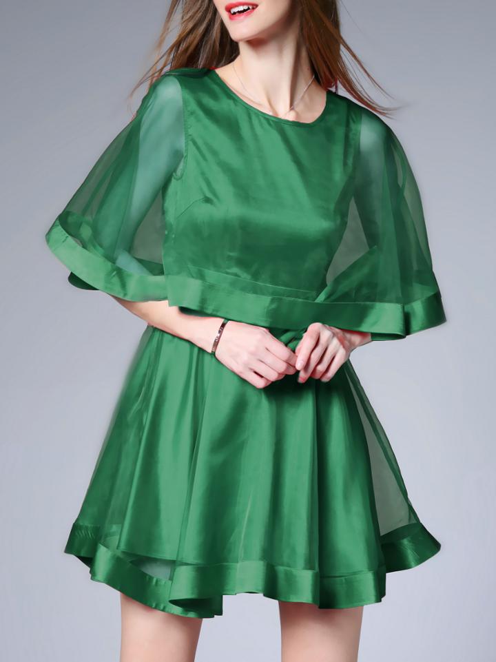 Shein Green Crew Neck Bowknot A-line Dress