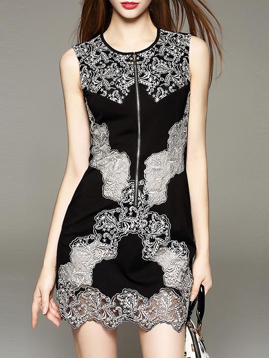 Shein Black Round Neck Sleeveless Contrast Gauze Embroidered Bodycon Dress