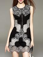 Shein Black Round Neck Sleeveless Contrast Gauze Embroidered Bodycon Dress