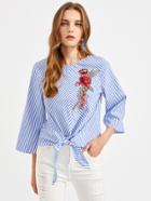 Shein Rose Embroidery Patch Knotted Front Kimono Sleeve Top