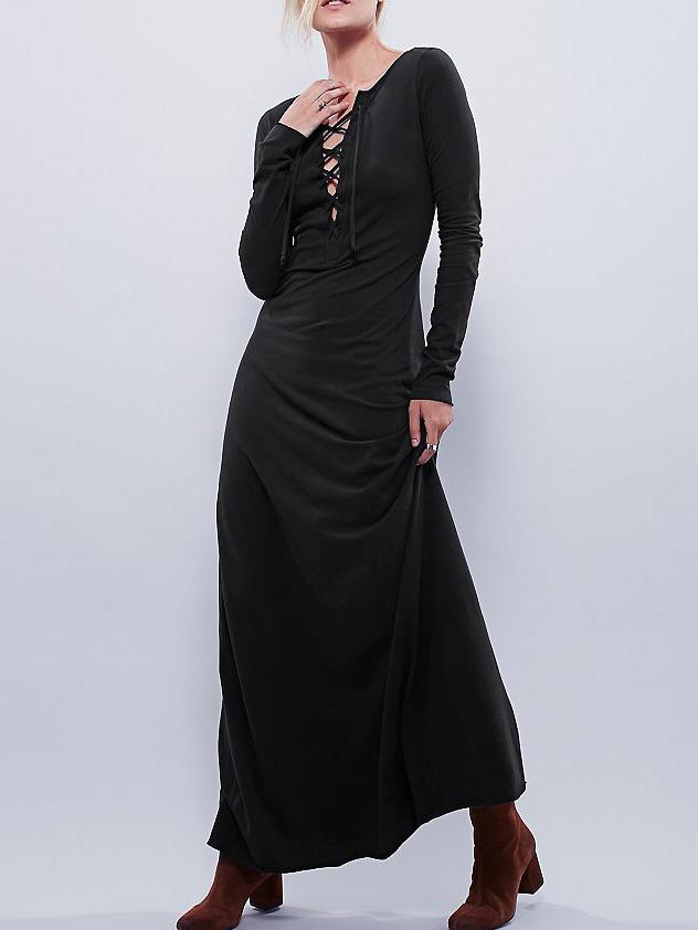 Shein Black Long Sleeve Lacing Lace Up Maxi Dress