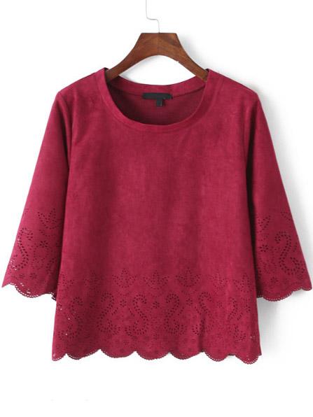 Shein Red Round Neck Hollow Scalloped Crop Top