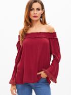 Shein Burgundy Off The Shoulder Bell Sleeve Fringe T-shirt