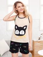 Shein Cat Print Tank Top & Shorts