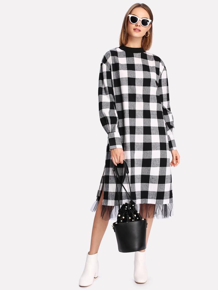 Shein Contrast Mesh Hem Check Plaid Dress