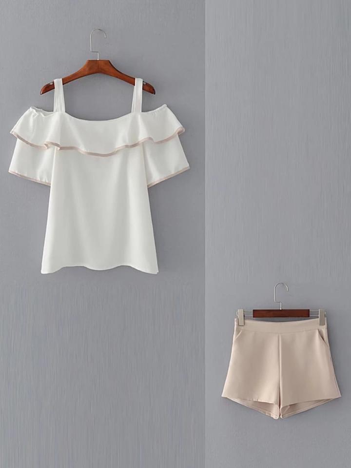 Shein Cold Shoulder Ruffle Trim Top With Shorts