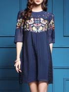 Shein Blue Butterfly Embroidered Contrast Lace Dress
