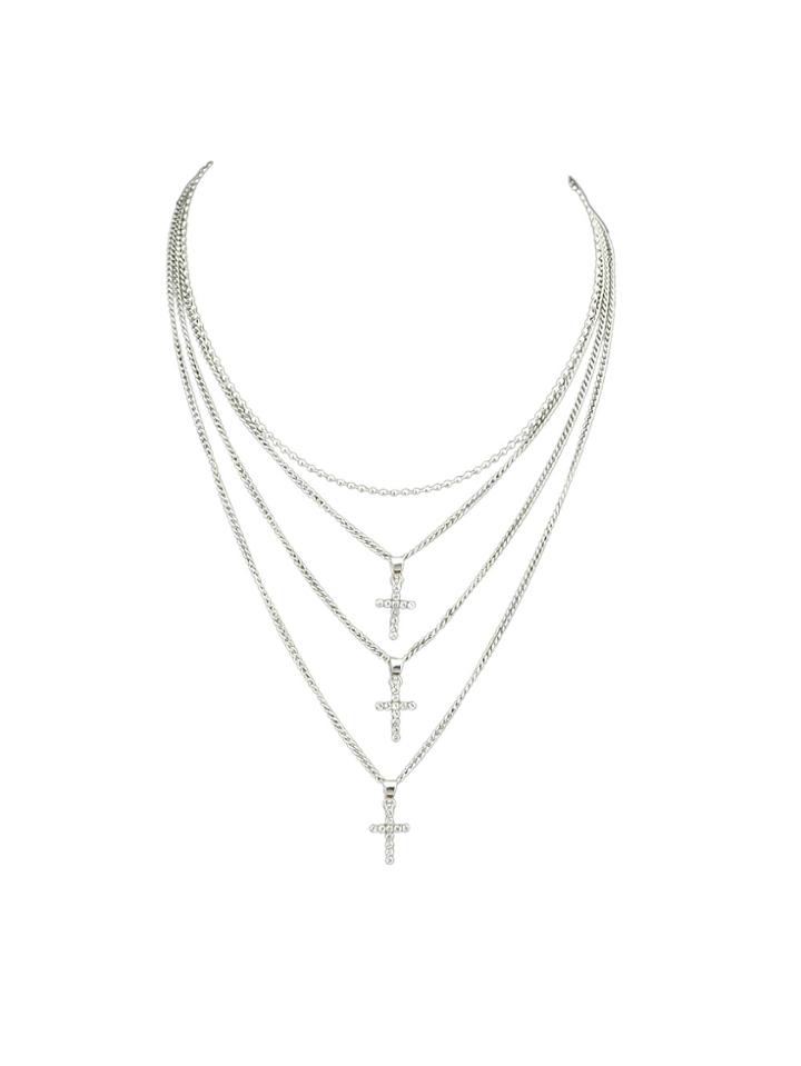 Shein Multilayers Silver Color Chain Rhinestone Cross Pendant Necklaces