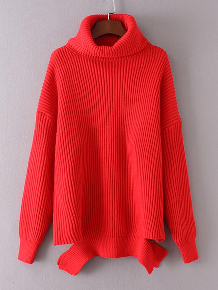 Shein Turtleneck Ripped Hem Rib Knit Sweater