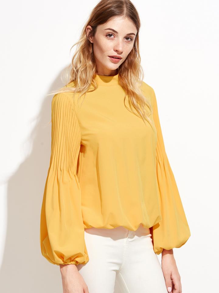 Shein Keyhole Mock Neck Pleated Lantern Sleeve Blouse