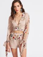 Shein Floral Print Bow Tie Blouse With Shorts
