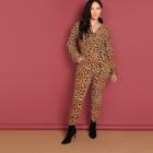 Shein Plus Leopard Print V Neck Wrap Jumpsuit