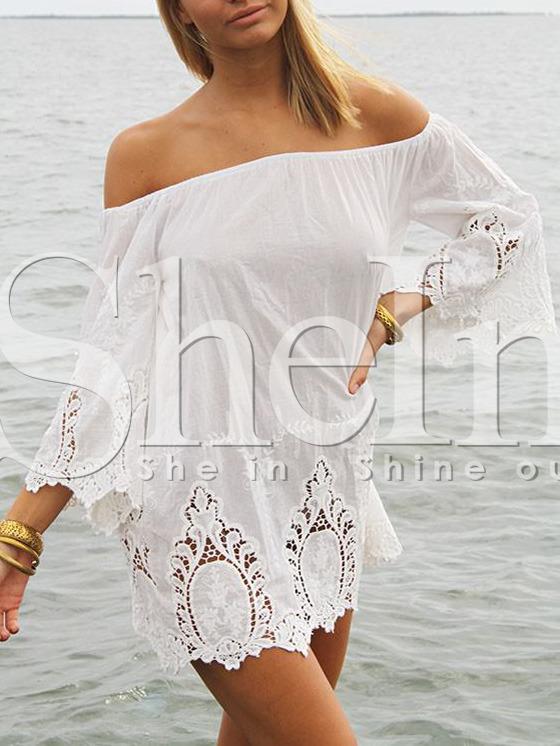 Shein Beige Off The Shoulder Bell Sleeve Crochet Dress