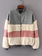 Shein Block Striped Faux Fur Panel Jacket