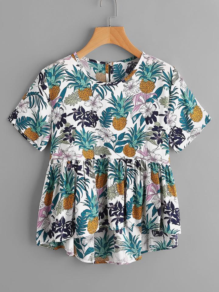 Shein Tropical Print Dip Hem Smock Top