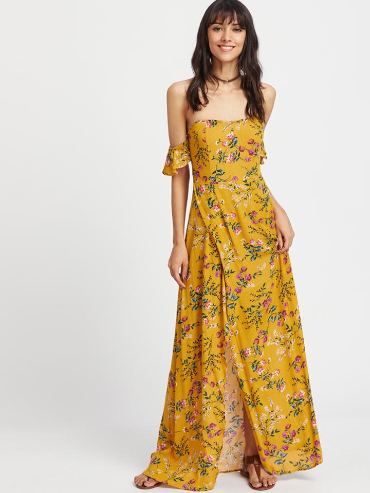 Shein Botanical Print Ruffle Sleeve Wrap Dress