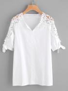 Shein Hollow Out Crochet Panel Tie Cuff Blouse