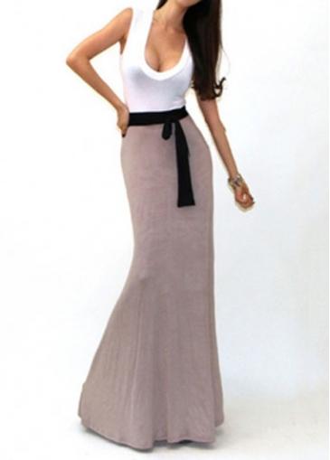 Rosewe Sleeveless Scoop Neck White And Khaki Dress