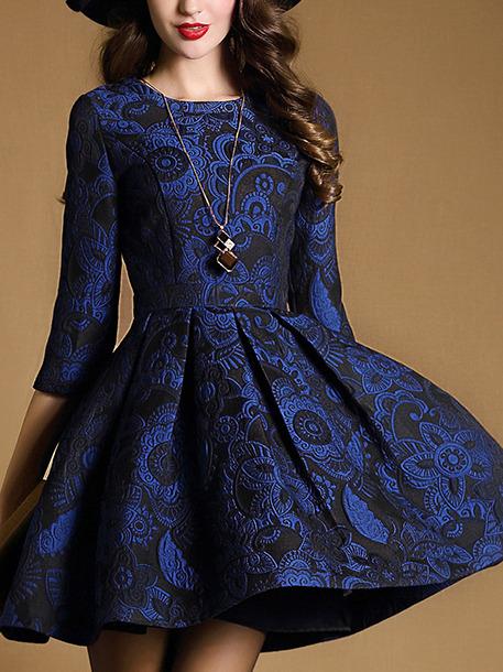 Shein Blue Round Neck Length Sleeve Jacquard Dress