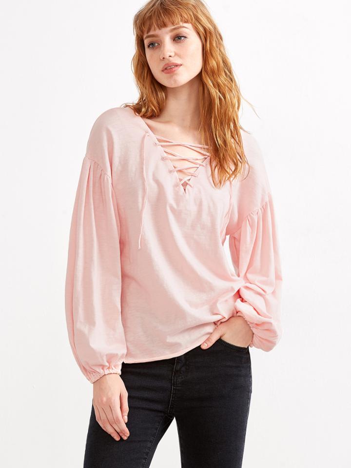 Shein Pink V Neck Lantern Sleeve Lace Up T-shirt