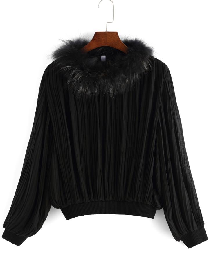 Shein Black Faux Fur Collar Ruched Crop Top