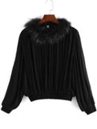 Shein Black Faux Fur Collar Ruched Crop Top