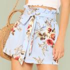 Shein Frilled Waist Floral Print Belted Shorts