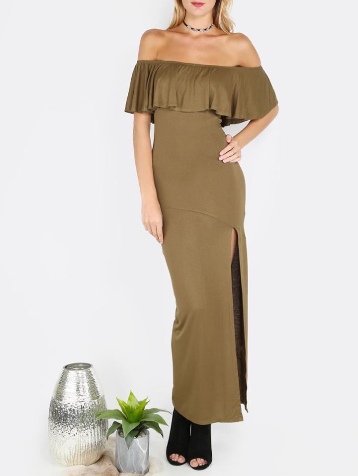 Shein Army Green Off The Shoulder Ruffle Sleeve Split Dress