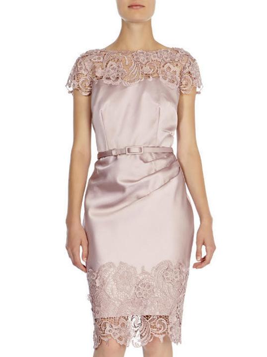 Shein Apricot Round Neck Backless Contrast Lace Drawstring Dress