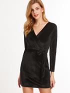 Shein Black V Neck Velvet Dress With Belt