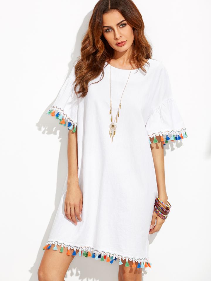 Shein White Short Sleeve Tassel Hem Shift Dress