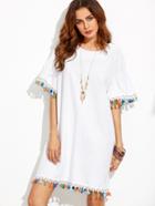 Shein White Short Sleeve Tassel Hem Shift Dress
