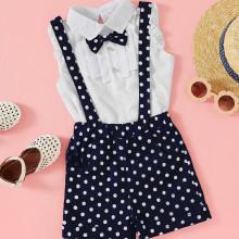 Shein Girls Ruffle-sleeve Bow Top With Polka Dot Overall Shorts