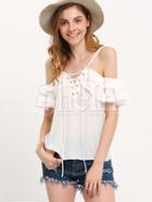 Shein White Cold Shoulder Lace Up Ruffle Blouse