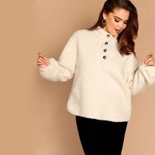 Shein Plus Button Front Mock-neck Teddy Pullover