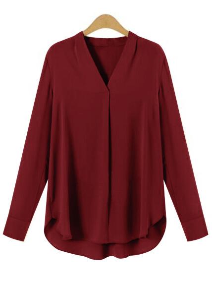 Shein V Neck Dip Hem Chiffon Burgundy Shirt