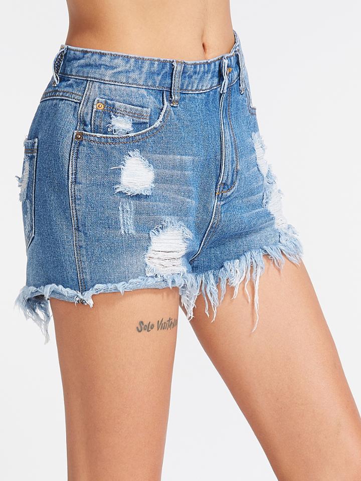 Shein Bleach Wash Frayed Denim Shorts