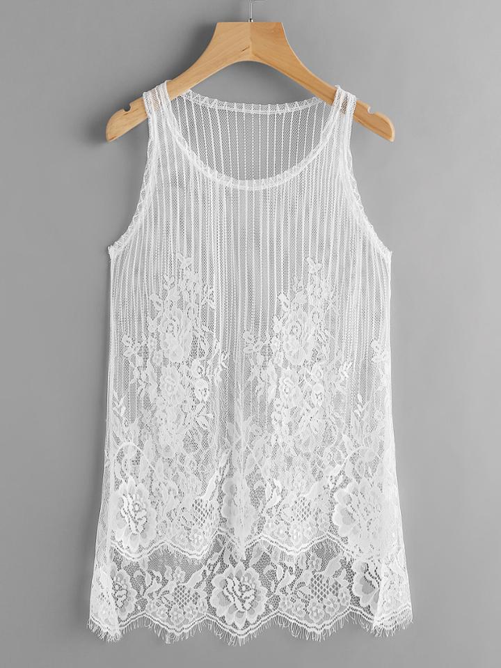 Shein Floral Eyelash Lace Dip Hem Top