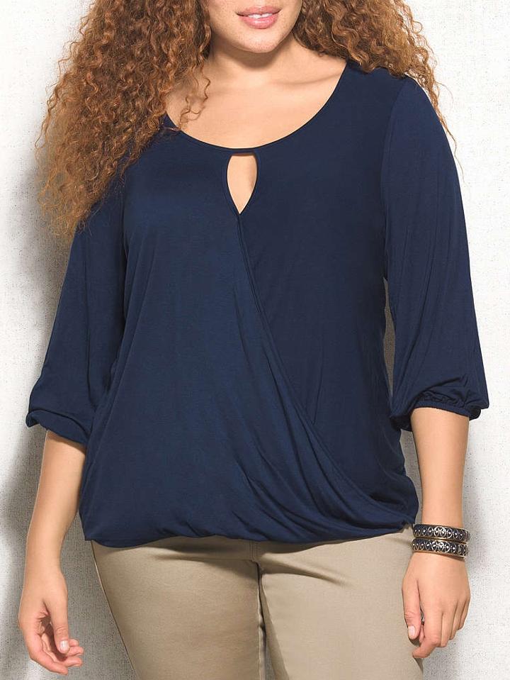 Shein Navy Round Neck Keyhole Wraped Plus Blouse