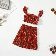 Shein Girls Ruffle Detail Polka Dot Top & Knot Skirts Co-ord