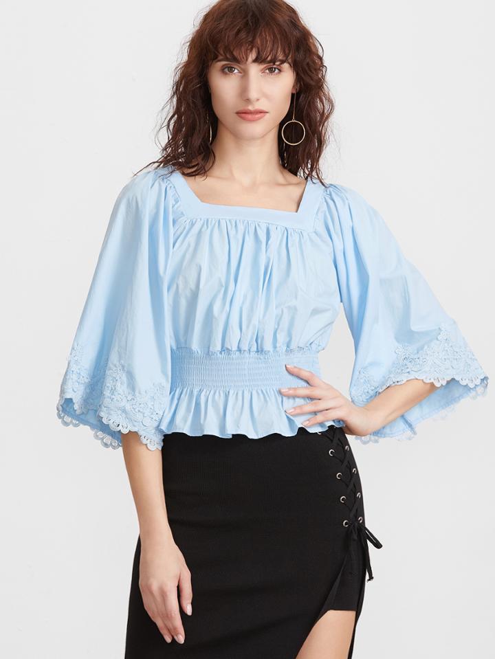 Shein Sky Blue Square Neck Appliques Shirred Peplum Blouse