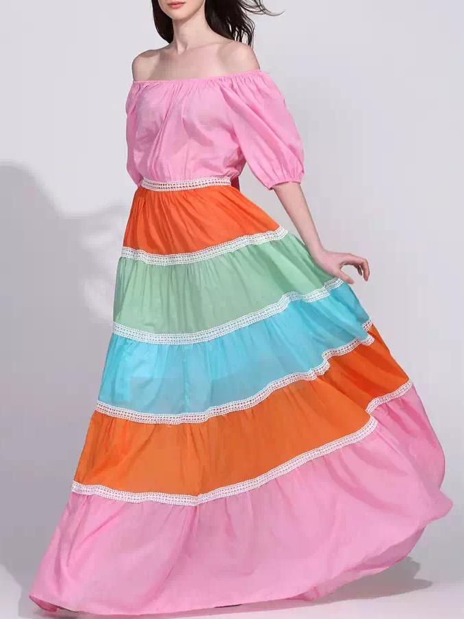 Shein Pink Color Block Off The Shoulder Maxi Dress