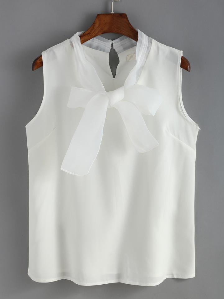 Shein White Bow Collar Chiffon Tank Top