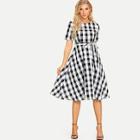 Shein Tie Waist Fit & Flare Plaid Dress