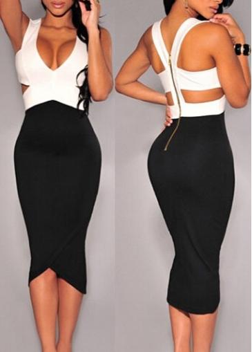 Rosewe Hollow Out V Neck Black And White Bodycon Dress