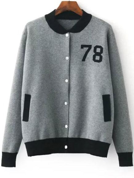 Shein Grey Varsity Knitted Bomber Jacket With Buttons