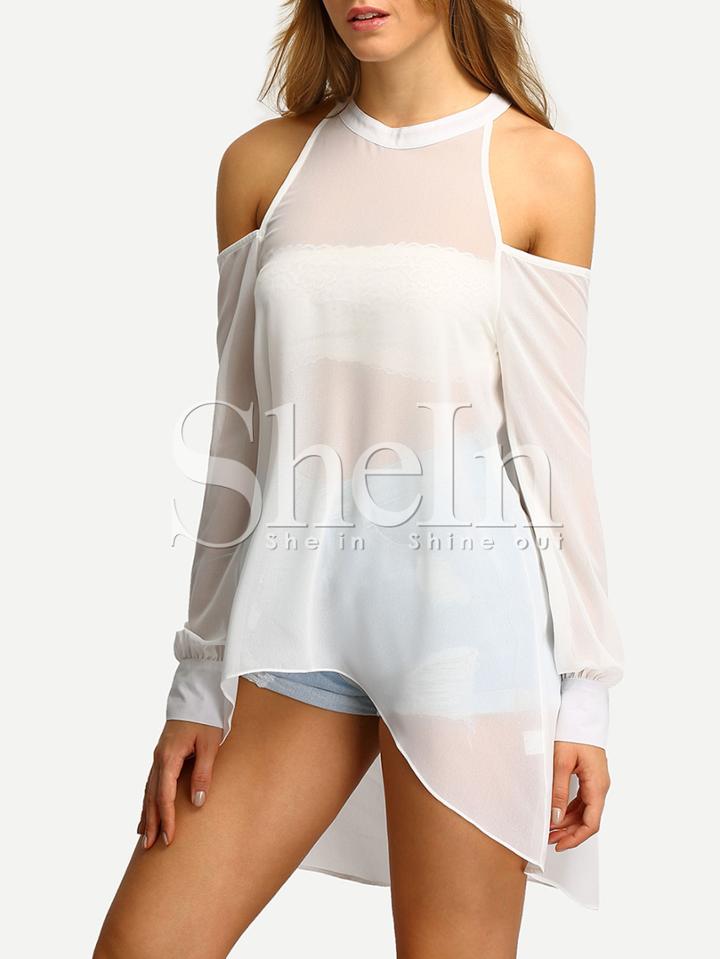 Shein Open Shoulder Sheer High-low Blouse - White