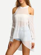 Shein Open Shoulder Sheer High-low Blouse - White