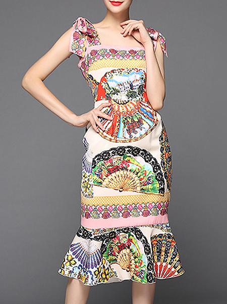 Shein Multicolor Strap Tribal Print Ruffle Dress